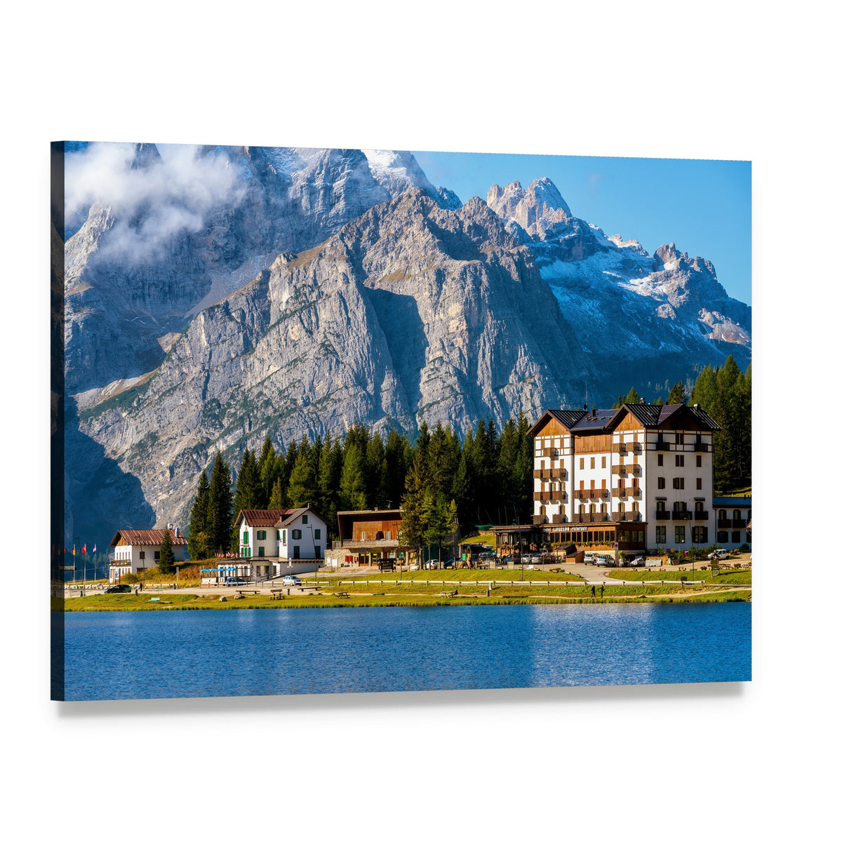 Lake with Hotel and Snow-capped Mountains Canvas Wall Art, single panel gallery wrapped canvas, angled product view