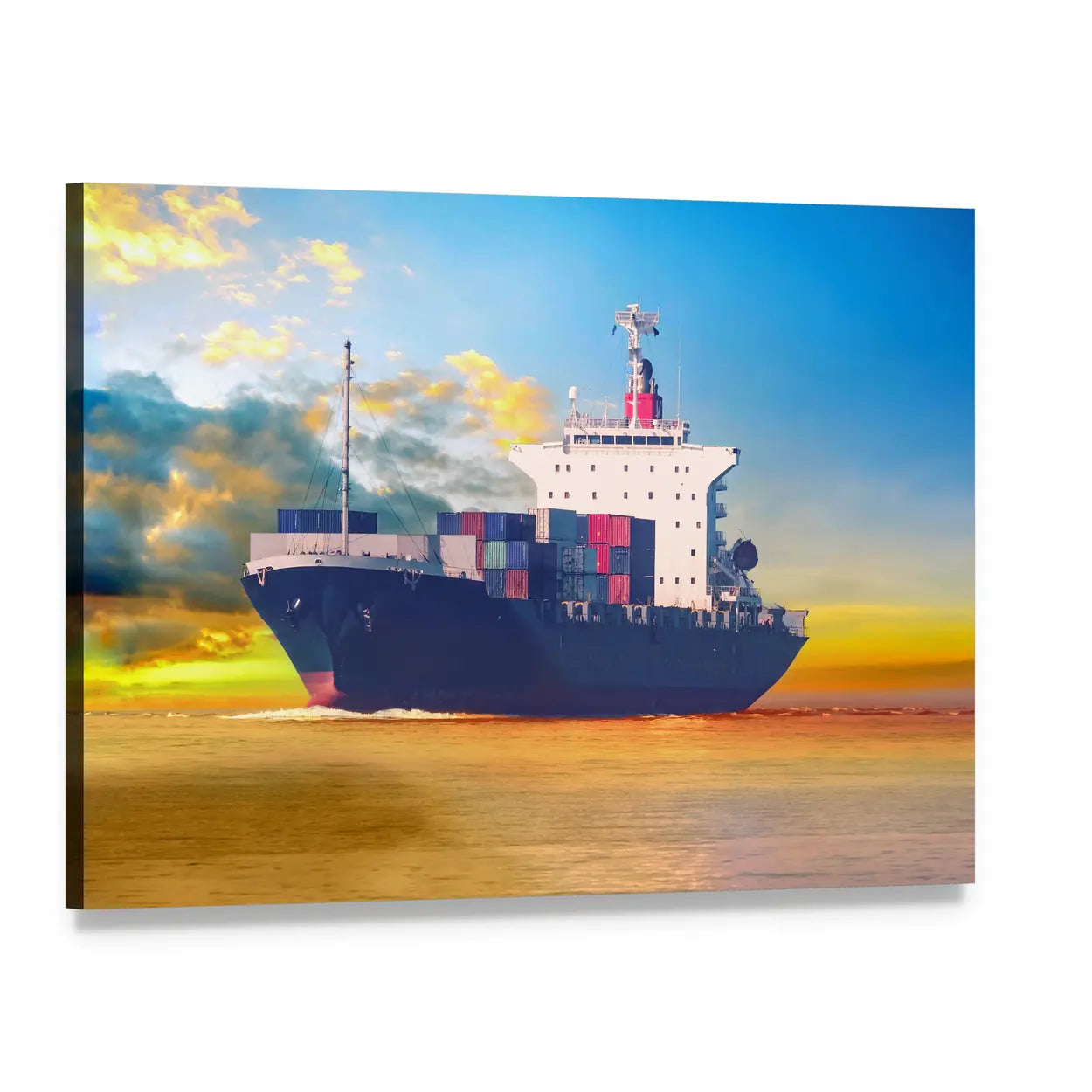 International Cargo Ship at Sunset Canvas Wall Art, single panel gallery wrapped canvas, angled product view