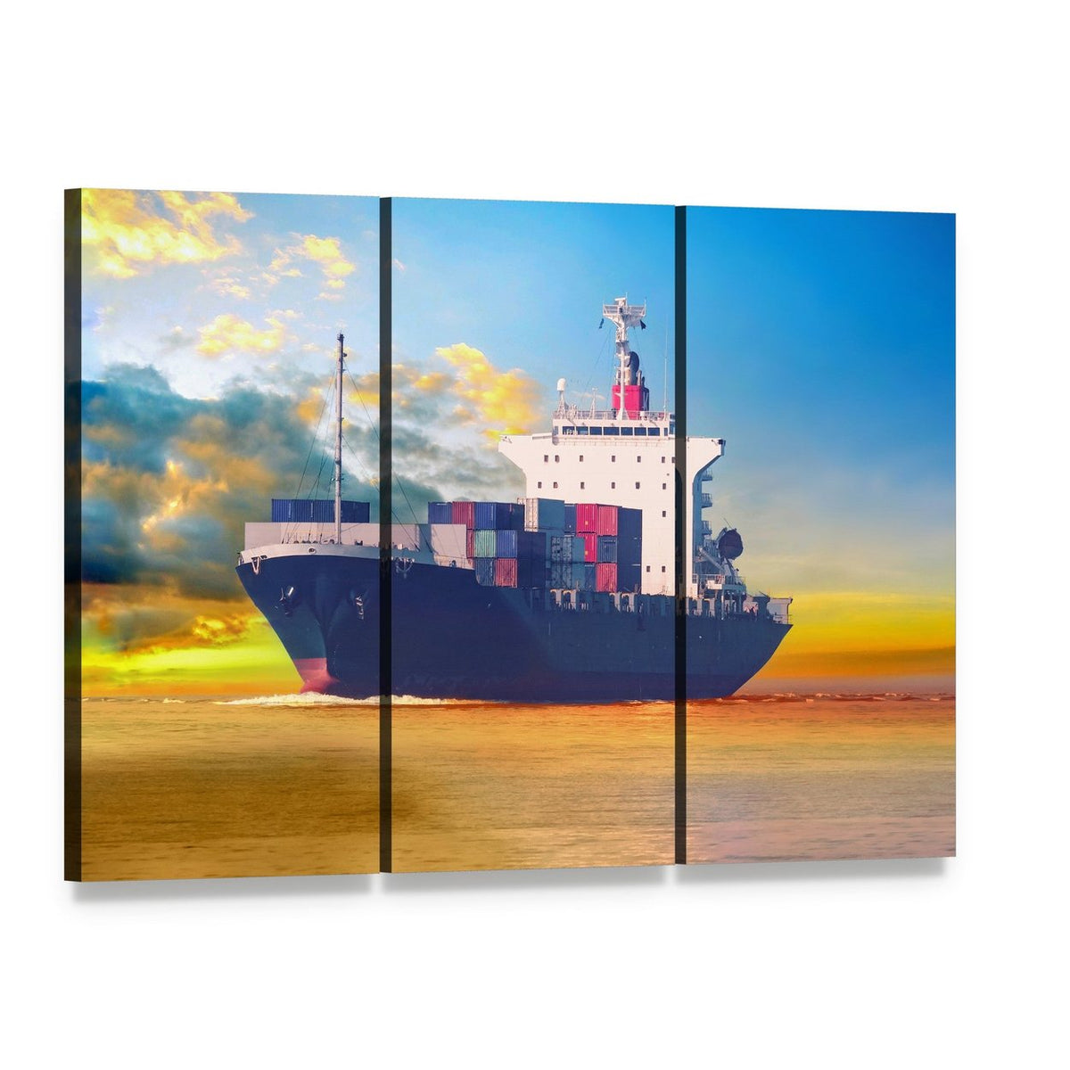 International Cargo Ship at Sunset Canvas Wall Art, 3 panel 3 Horizontal layout gallery wrapped canvas set, angled product view