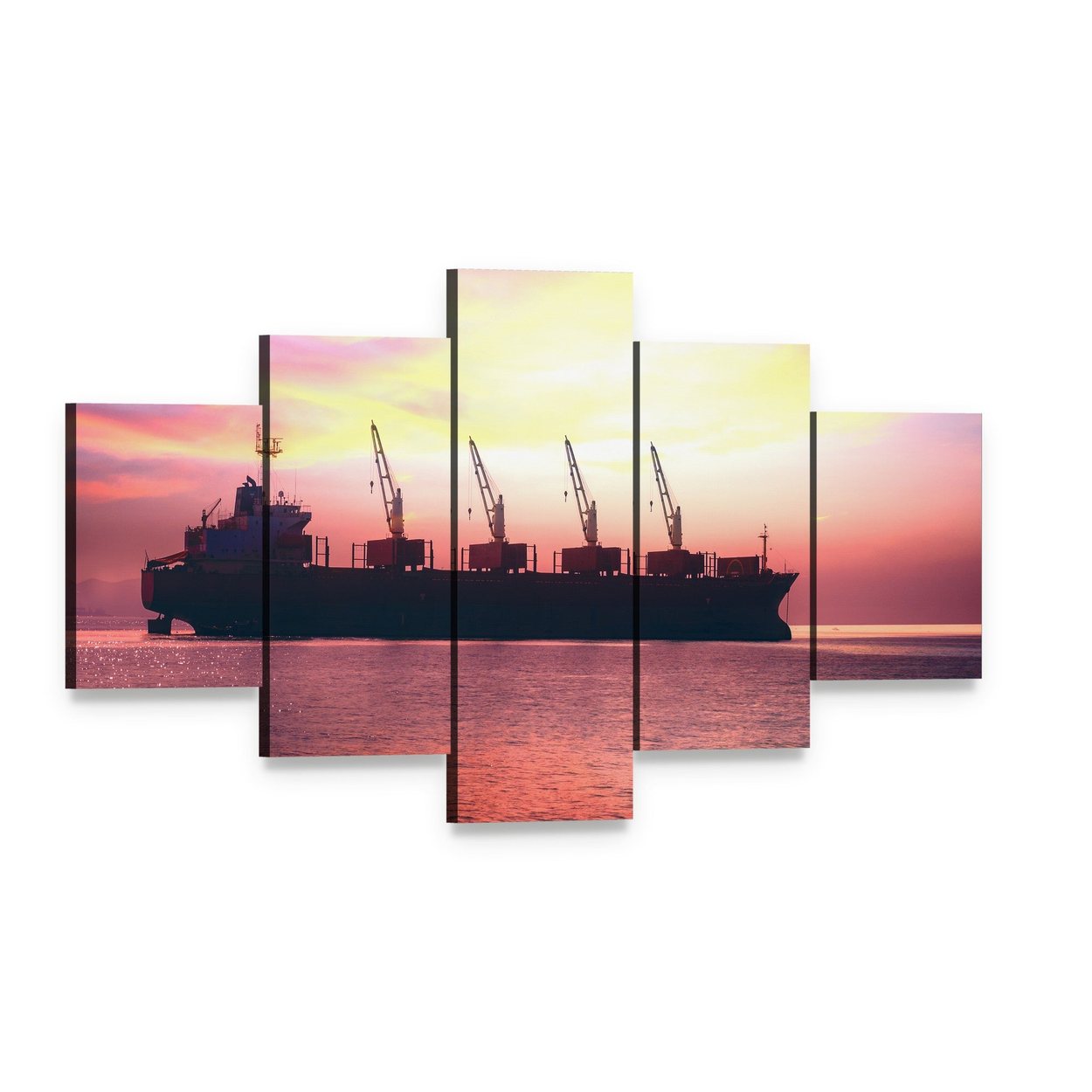 International Cargo Ship at Sunset Canvas Wall Art, 5 panel 5 Star layout gallery wrapped canvas set, angled product view