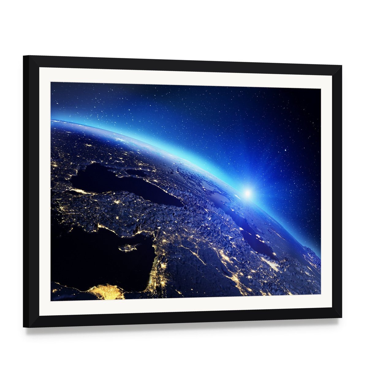 Sunrise Over Earth with City Lights Canvas Wall Art, framed print with white mat and black frame, angled product view