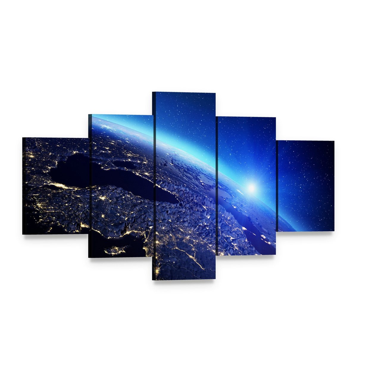 Sunrise Over Earth with City Lights Canvas Wall Art, 5 panel 5 Star layout gallery wrapped canvas set, angled product view