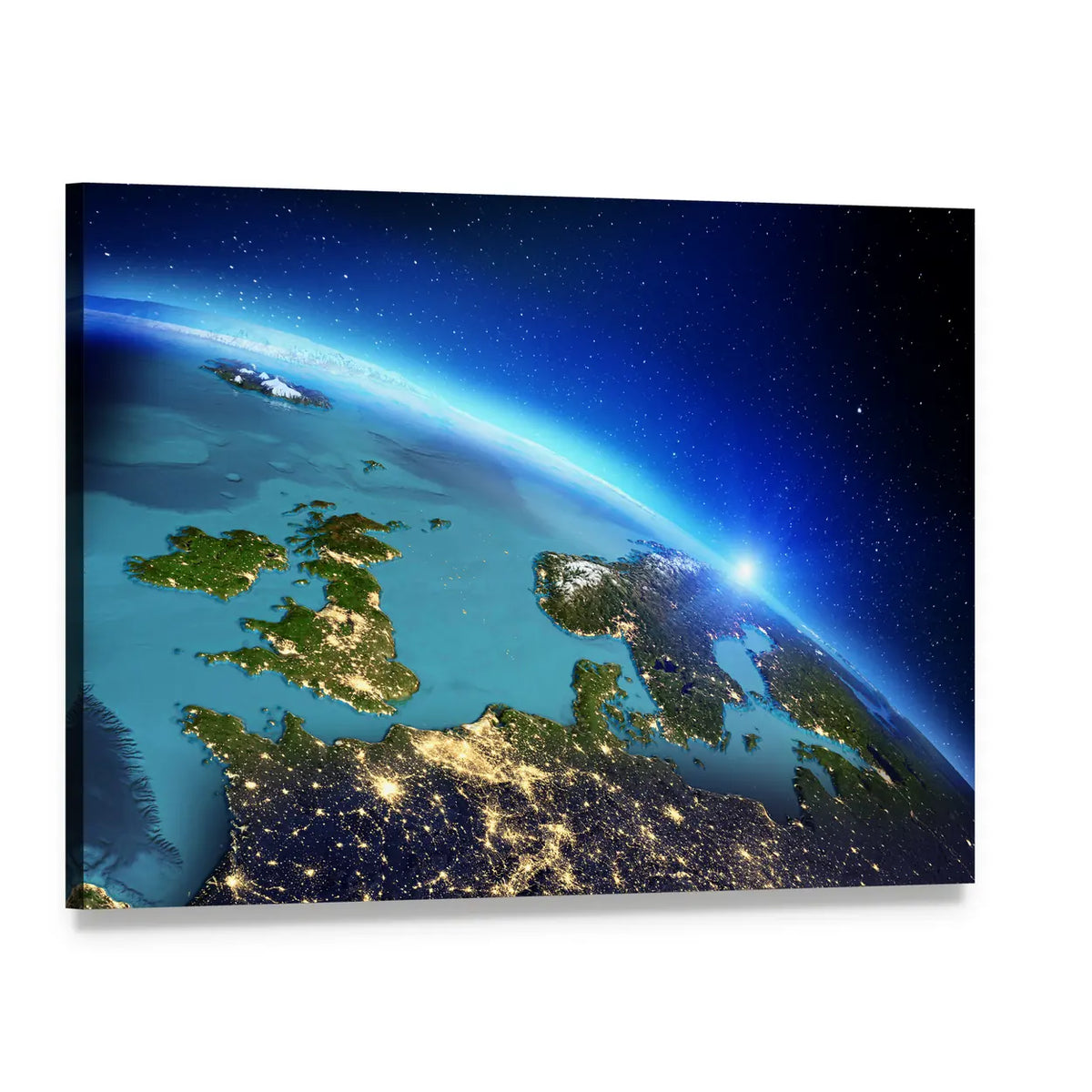 Curved Earth with European City Lights Canvas Wall Art, single panel gallery wrapped canvas, angled product view