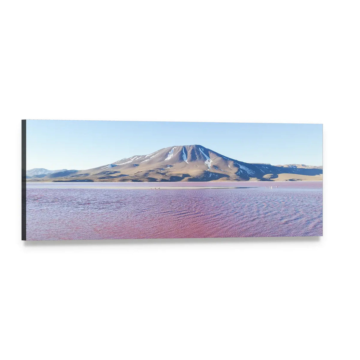 Pink Salt Lake with Volcanic Peaks Panoramic Canvas Wall Art, single panel gallery wrapped canvas, angled product view