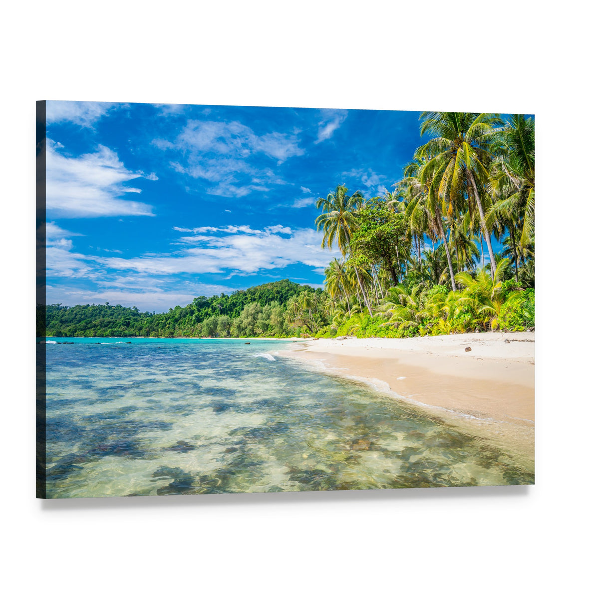Tropical Island Beach with Palm Trees Canvas Wall Art, single panel gallery wrapped canvas, angled product view