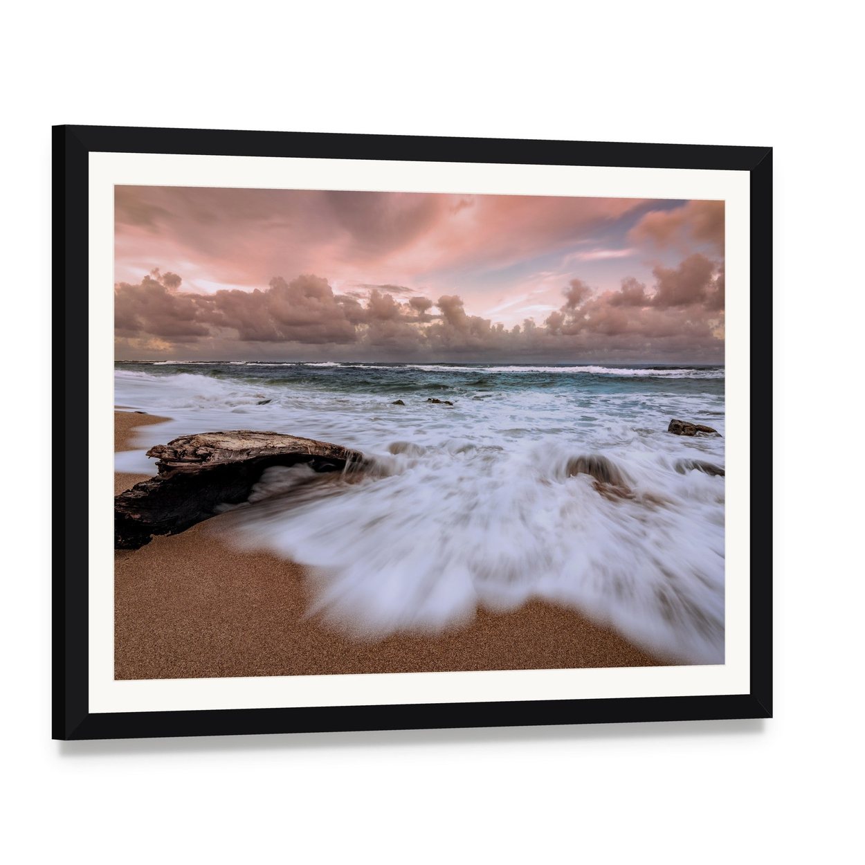 Driftwood on Beach with Long Exposure Waves Canvas Wall Art, framed print with white mat and black frame, angled product view