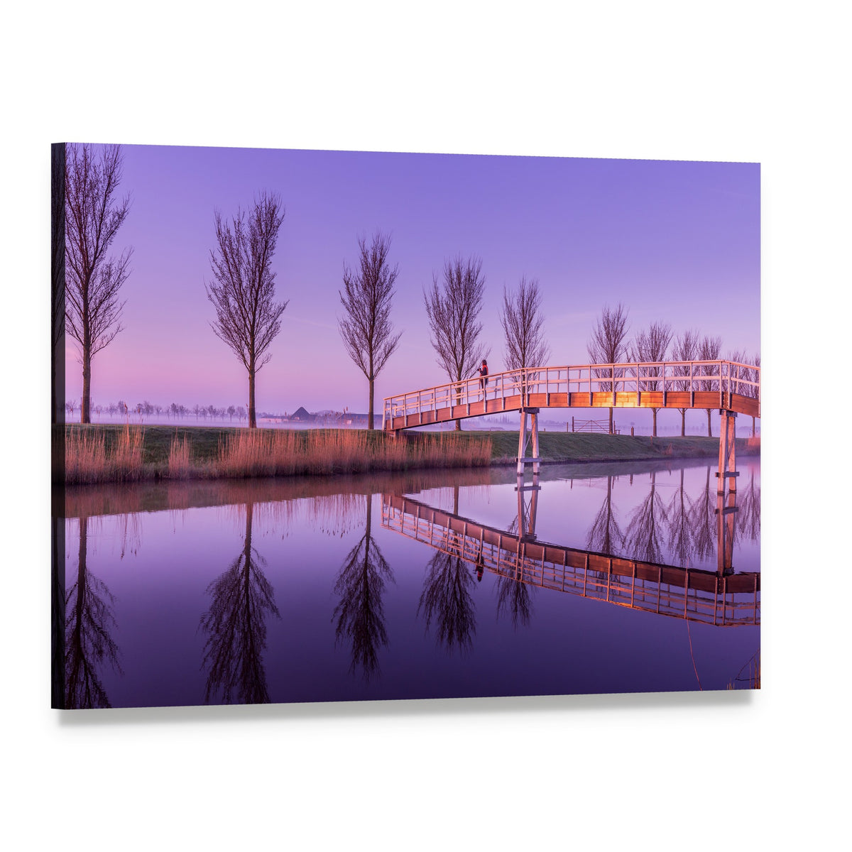 Sunrise on a Canal Bridge in Holland Canvas Wall Art, single panel gallery wrapped canvas, angled product view