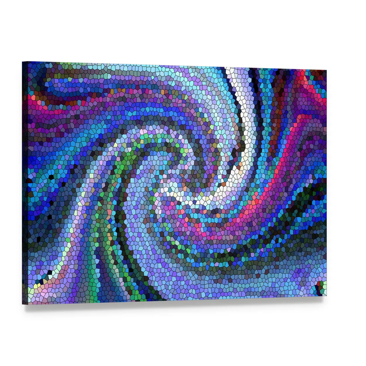 Swirling Mosaic Spiral in Blue and Purple Canvas Wall Art, single panel gallery wrapped canvas, angled product view