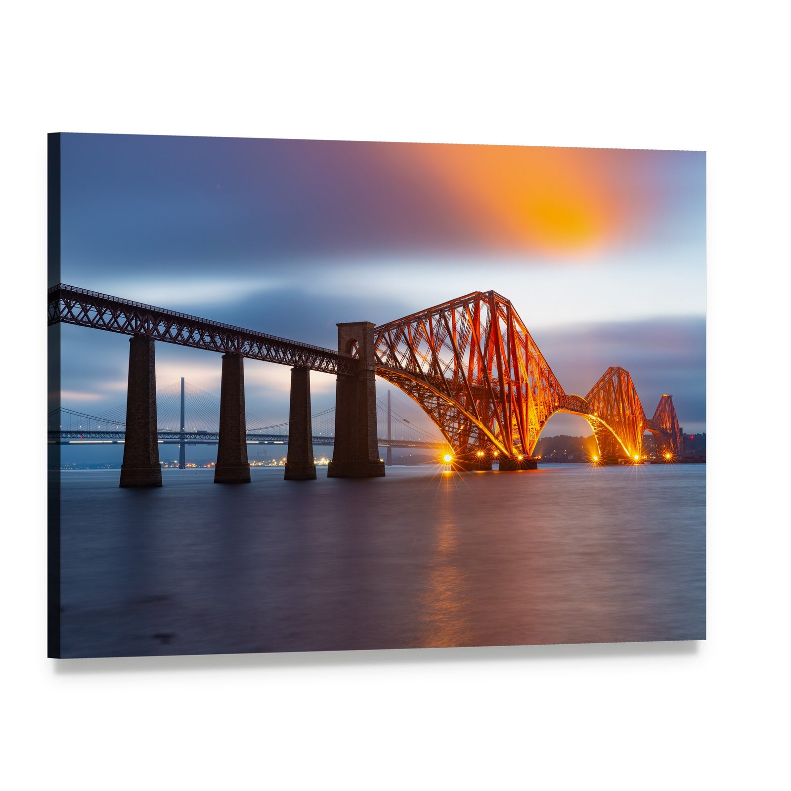 Forth Bridge Scotland Twilight Reflections Canvas Wall Art, single panel gallery wrapped canvas, angled product view