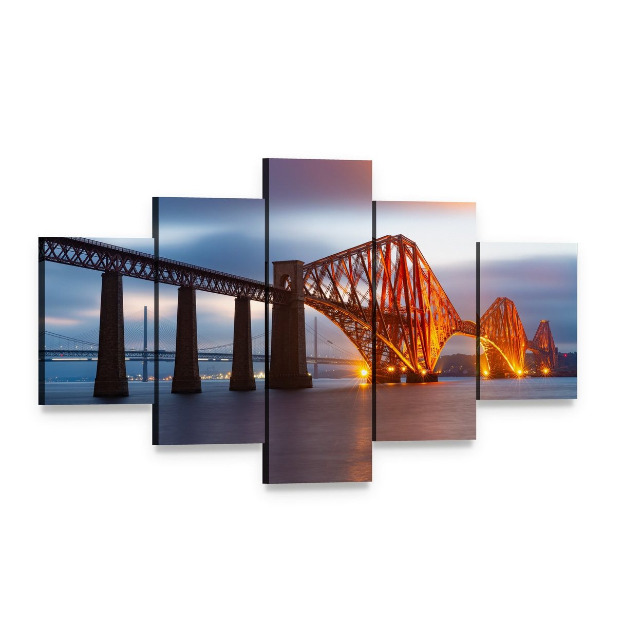 Forth Bridge Scotland Twilight Reflections Canvas Wall Art, 5 panel 5 Star layout gallery wrapped canvas set, angled product view