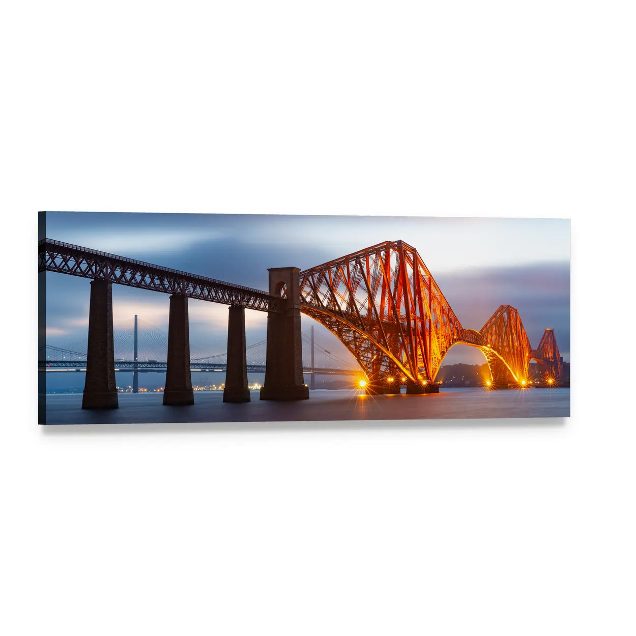 Forth Bridge Scotland at Dusk Panoramic Canvas Wall Art, single panel gallery wrapped canvas, angled product view