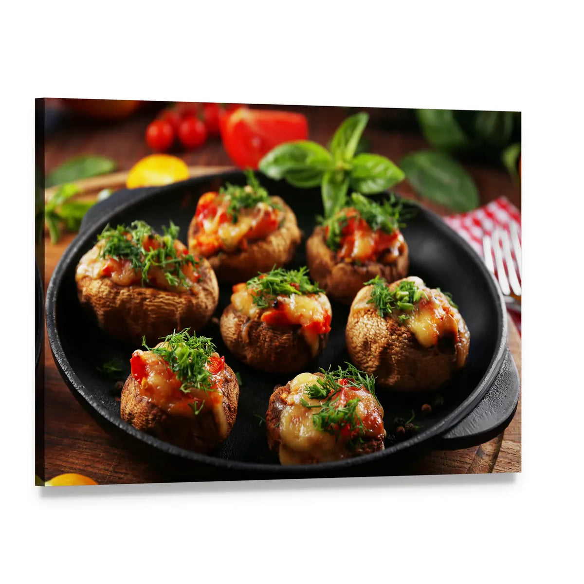 Stuffed Mushrooms and Vegetables Canvas Wall Art, single panel gallery wrapped canvas, angled product view