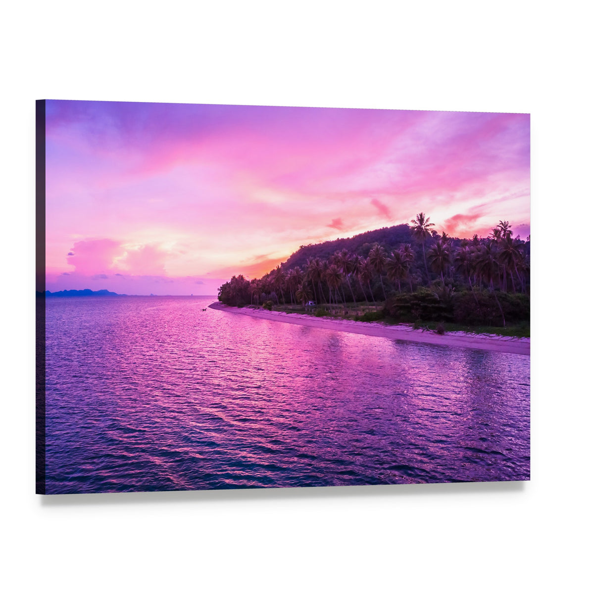 Tropical Beach Sunset with Palm Trees Canvas Wall Art, single panel gallery wrapped canvas, angled product view