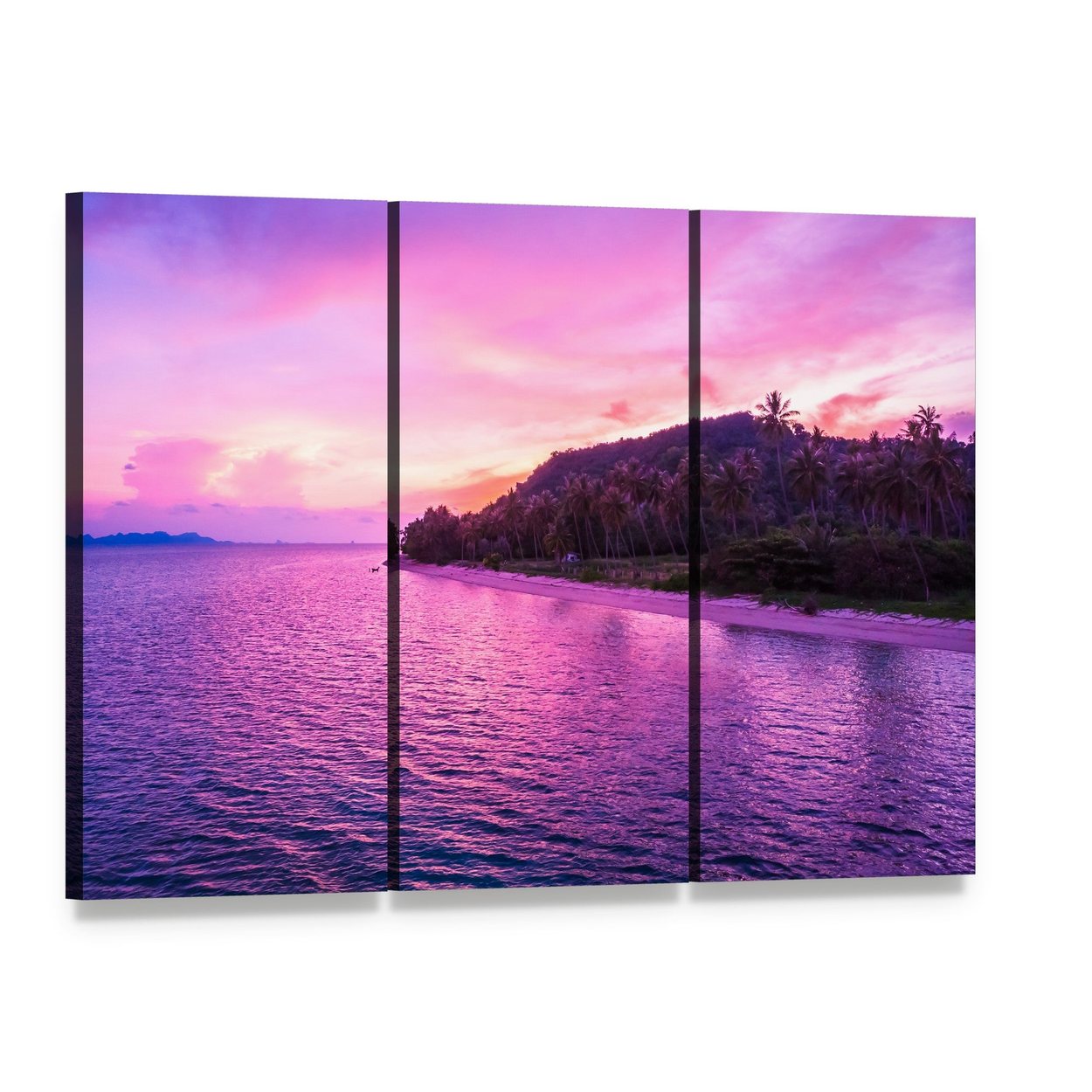 Tropical Beach Sunset with Palm Trees Canvas Wall Art, 3 panel 3 Horizontal layout gallery wrapped canvas set, angled product view