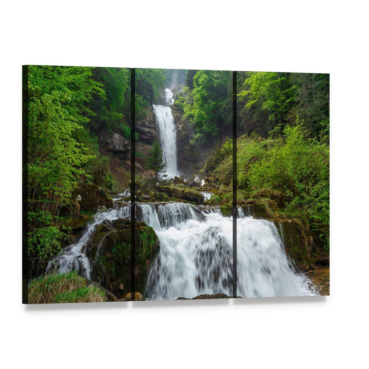 Giessbach Waterfall Canvas Wall Art, 3 panel 3 Horizontal layout gallery wrapped canvas set, angled product view