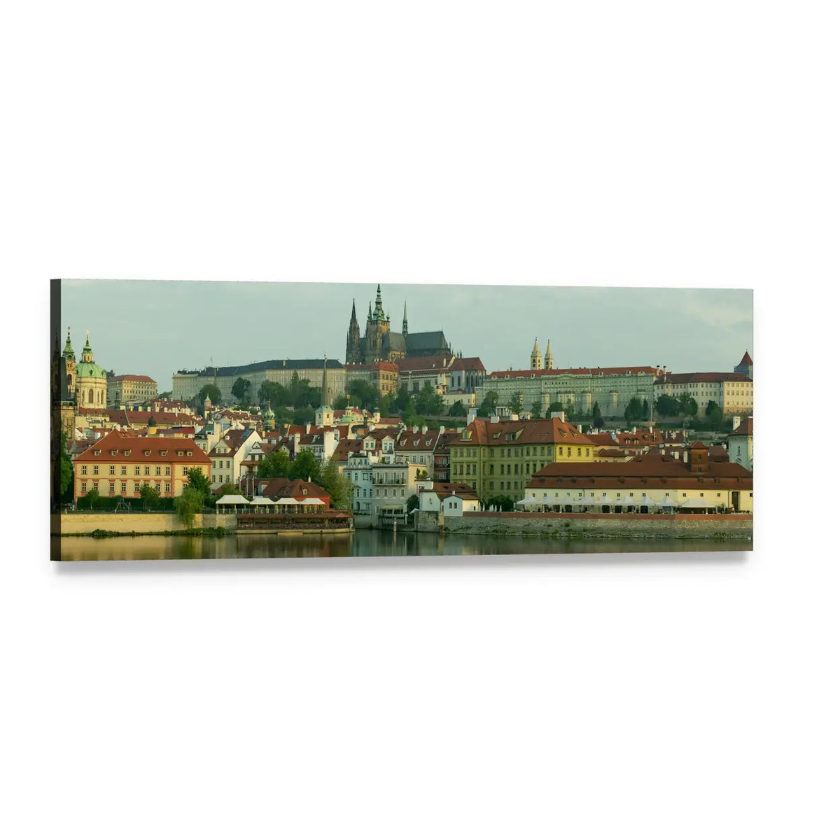 Prague Castle Over Vltava River Panoramic Canvas Wall Art, single panel gallery wrapped canvas, angled product view