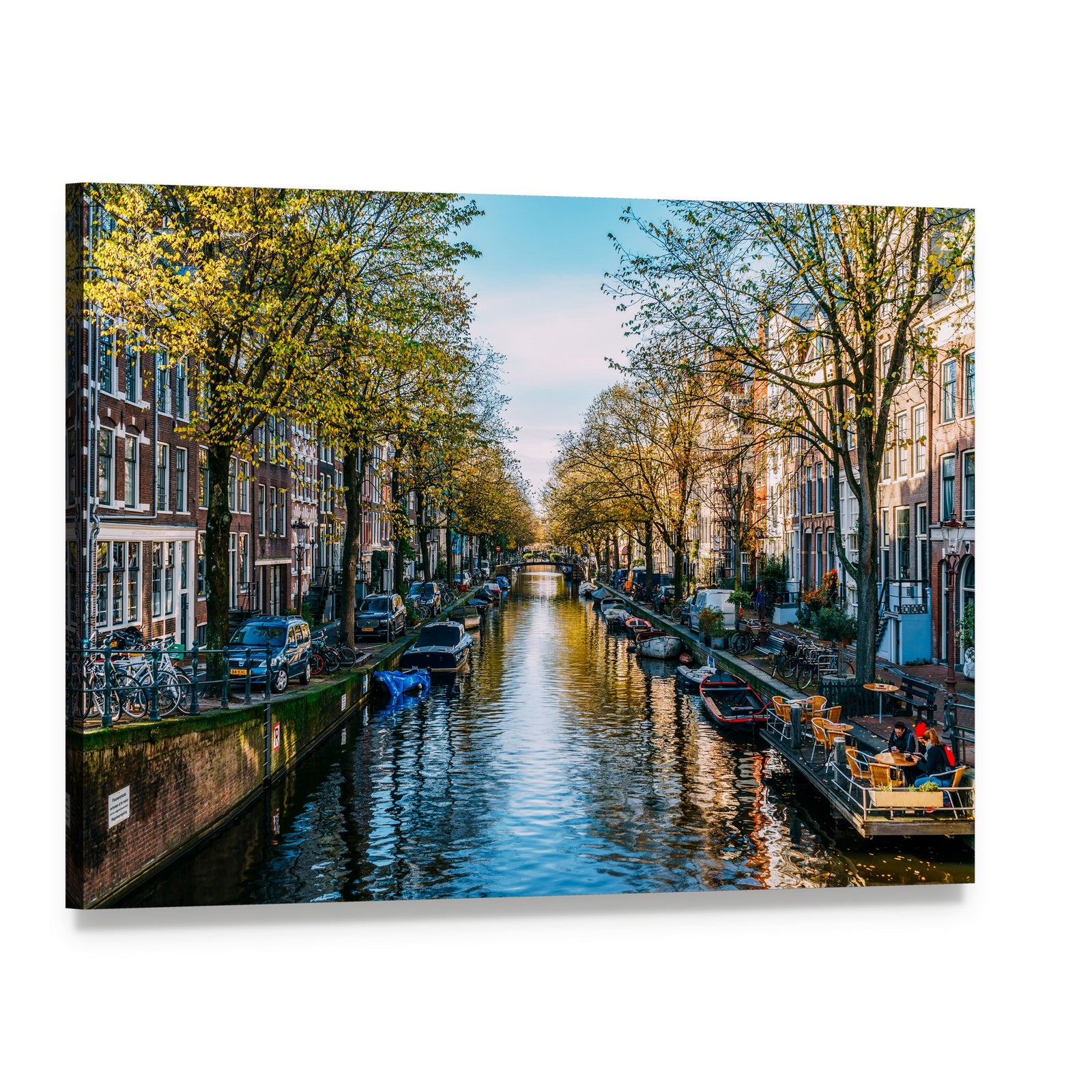 Houseboats on an Amsterdam Canal Canvas Wall Art, single panel gallery wrapped canvas, angled product view