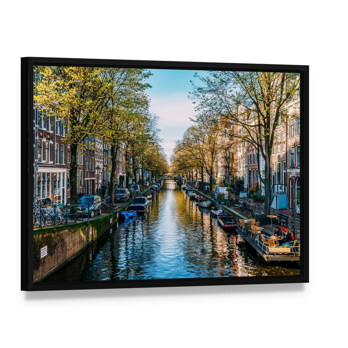 Houseboats on an Amsterdam Canal Canvas Wall Art, framed canvas in a black floater frame, angled product view