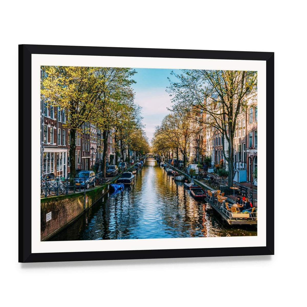 Houseboats on an Amsterdam Canal Canvas Wall Art, framed print with white mat and black frame, angled product view