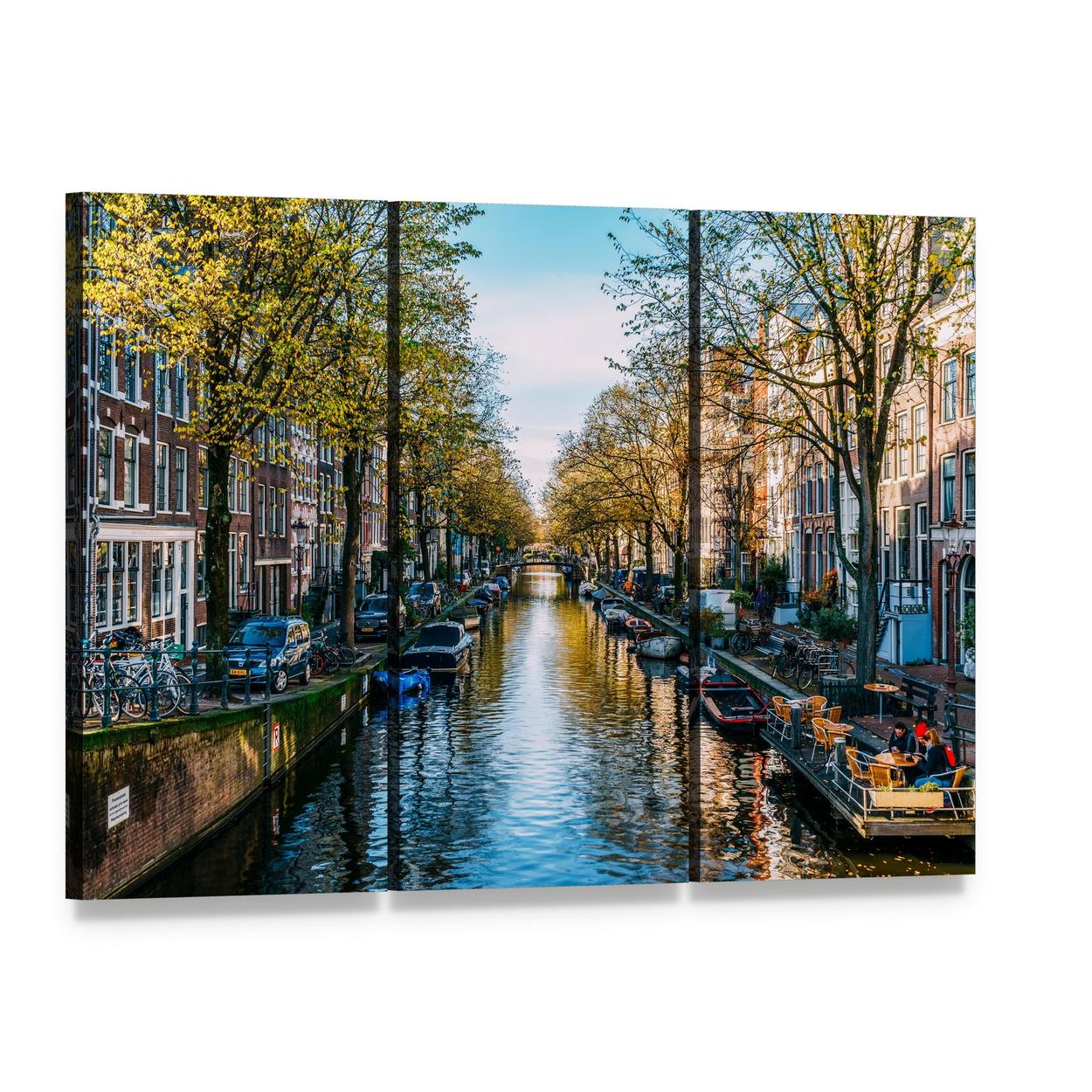Houseboats on an Amsterdam Canal Canvas Wall Art, 3 panel 3 Horizontal layout gallery wrapped canvas set, angled product view