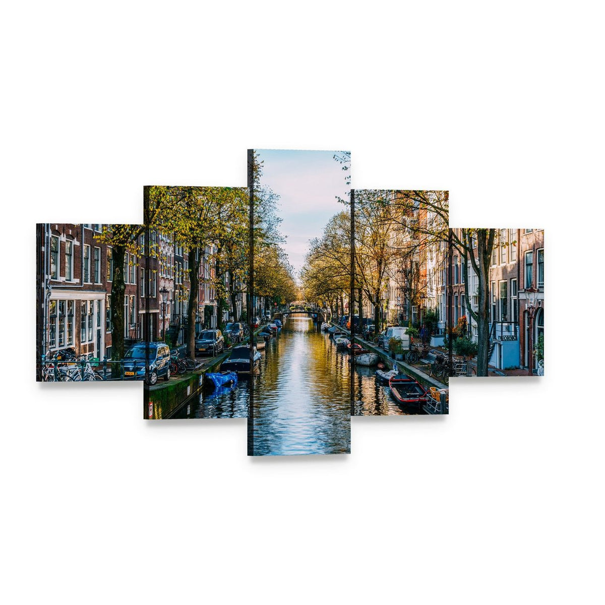 Houseboats on an Amsterdam Canal Canvas Wall Art, 5 panel 5 Star layout gallery wrapped canvas set, angled product view