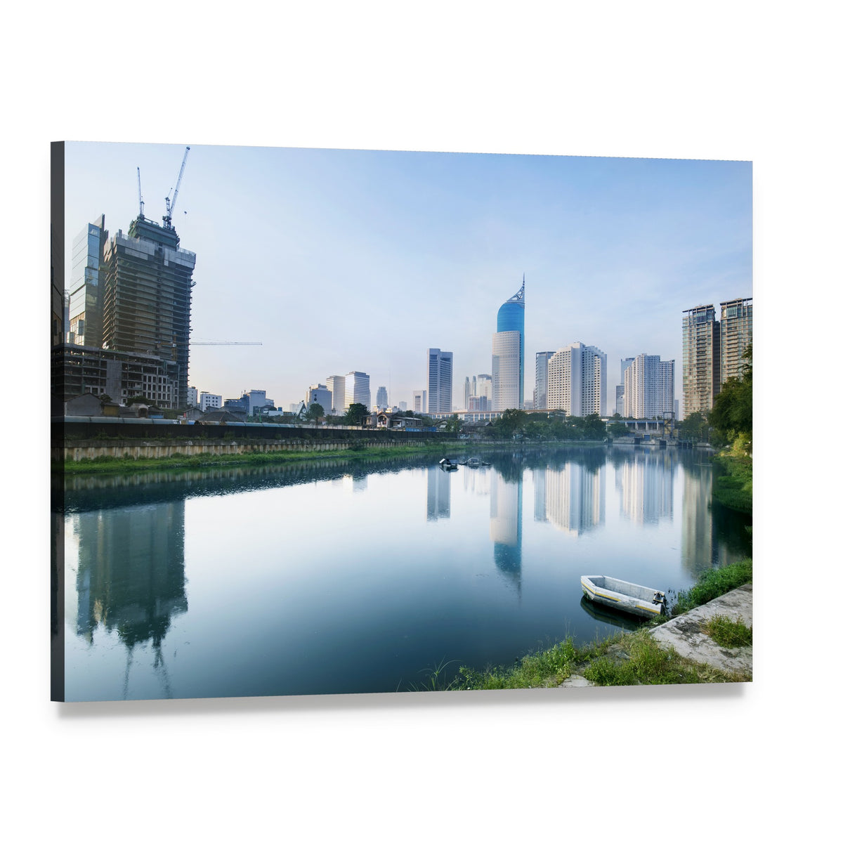 Jakarta Reservoir Cityscape with Boat Canvas Wall Art, single panel gallery wrapped canvas, angled product view