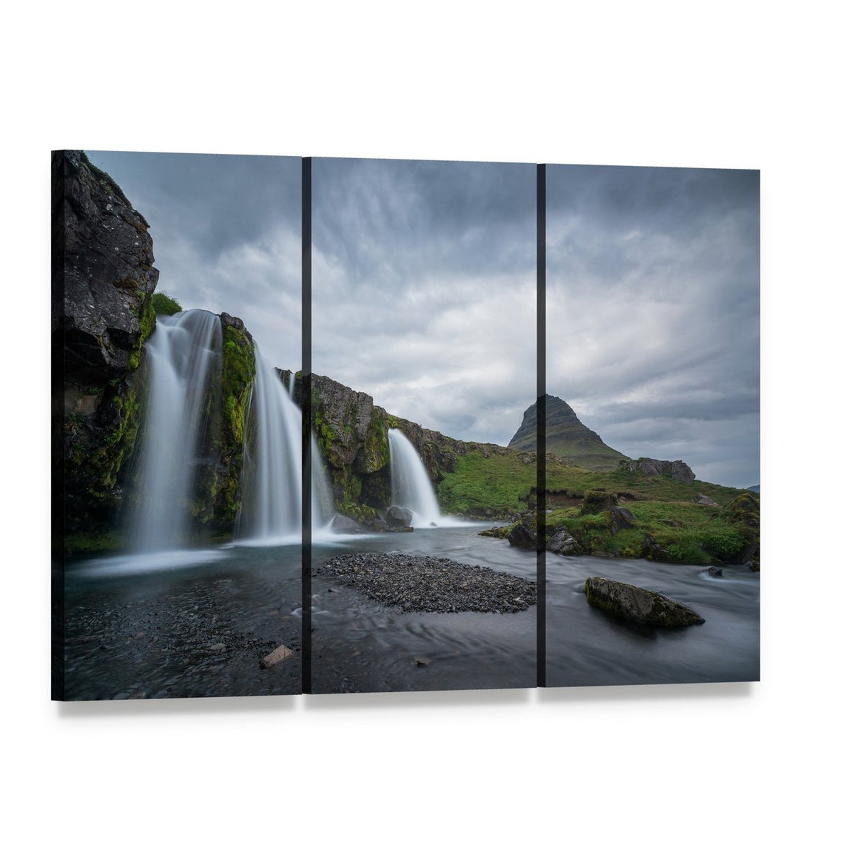 Kirkjufellsfoss Cloudy Day Waterfall Canvas Wall Art, 3 panel 3 Horizontal layout gallery wrapped canvas set, angled product view