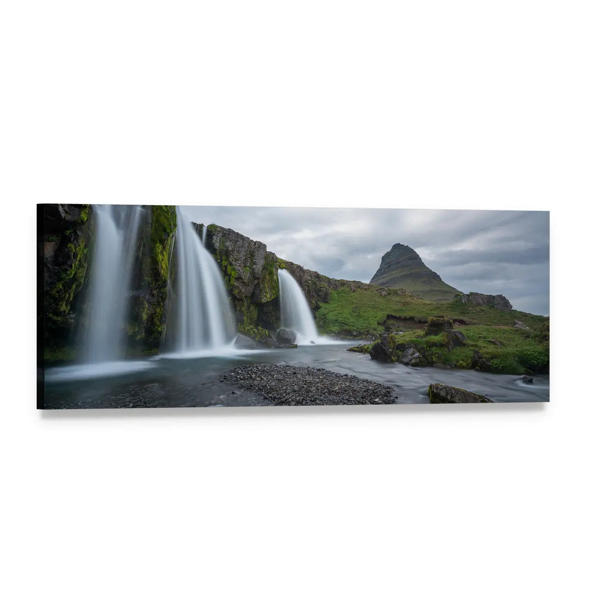 Cloudy Day Waterfall and Conical Peak Panoramic Canvas Wall Art, single panel gallery wrapped canvas, angled product view