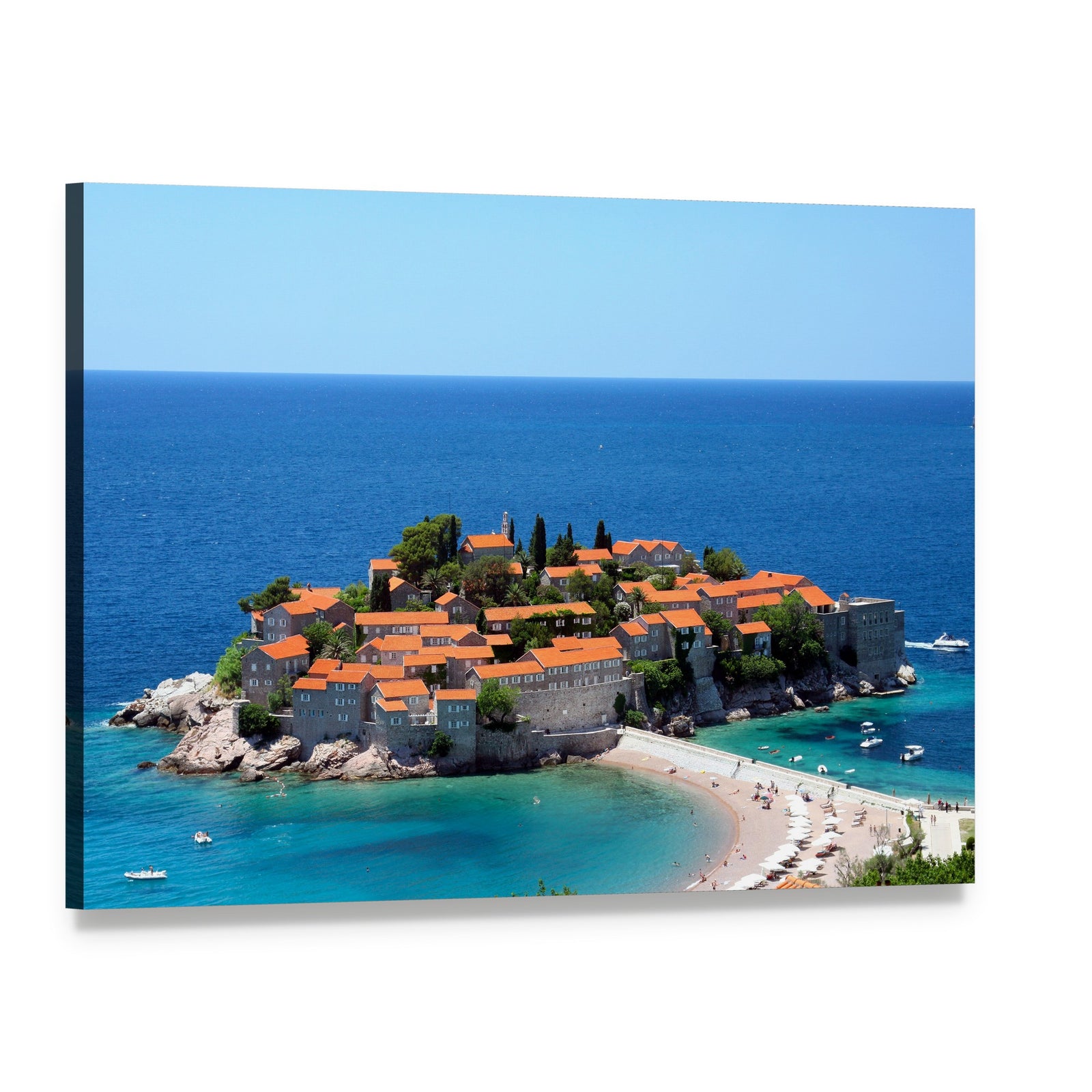 Sveti Stefan Island Village in Daylight Canvas Wall Art, single panel gallery wrapped canvas, angled product view