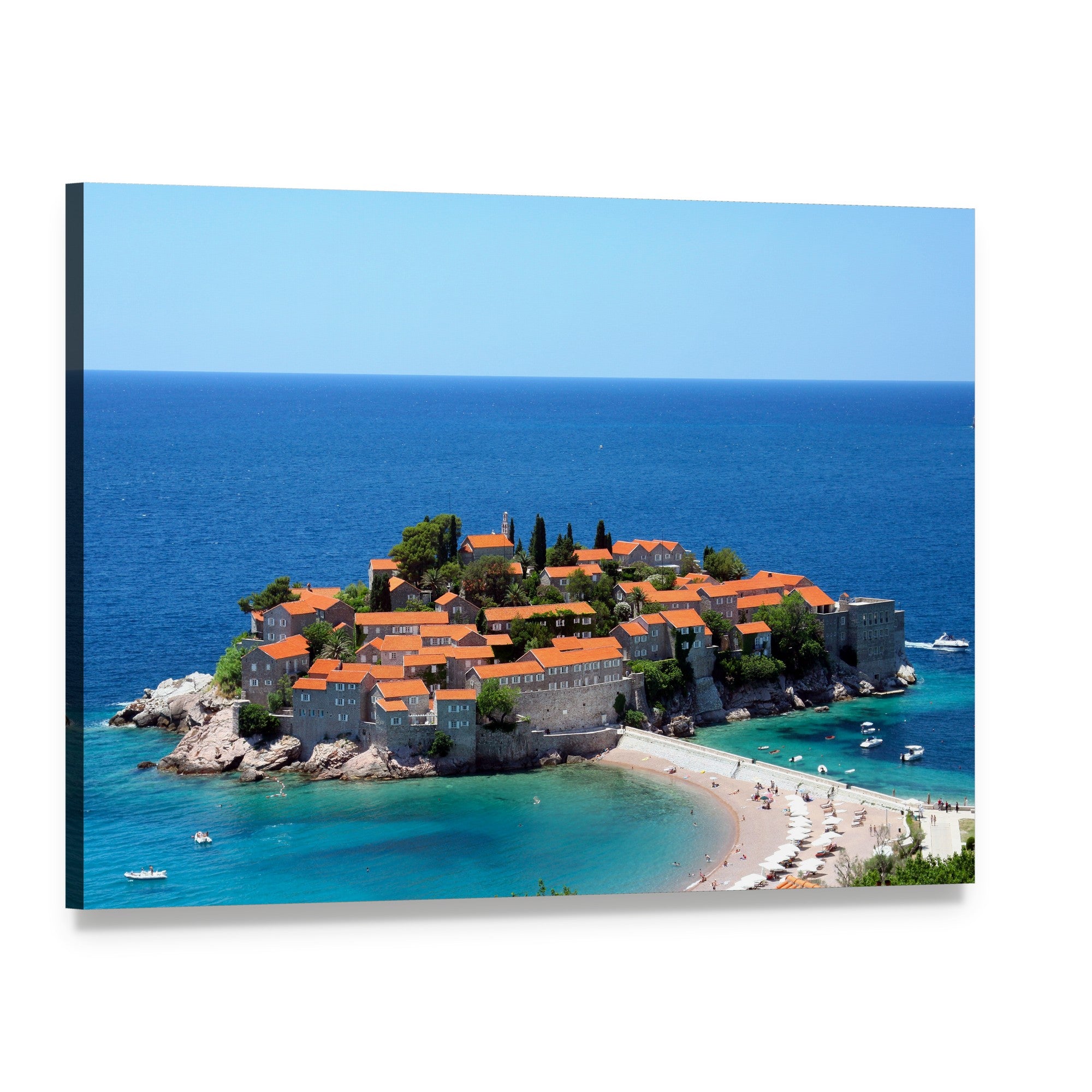 Sveti Stefan Island Village in Daylight Canvas Wall Art, single panel gallery wrapped canvas, angled product view