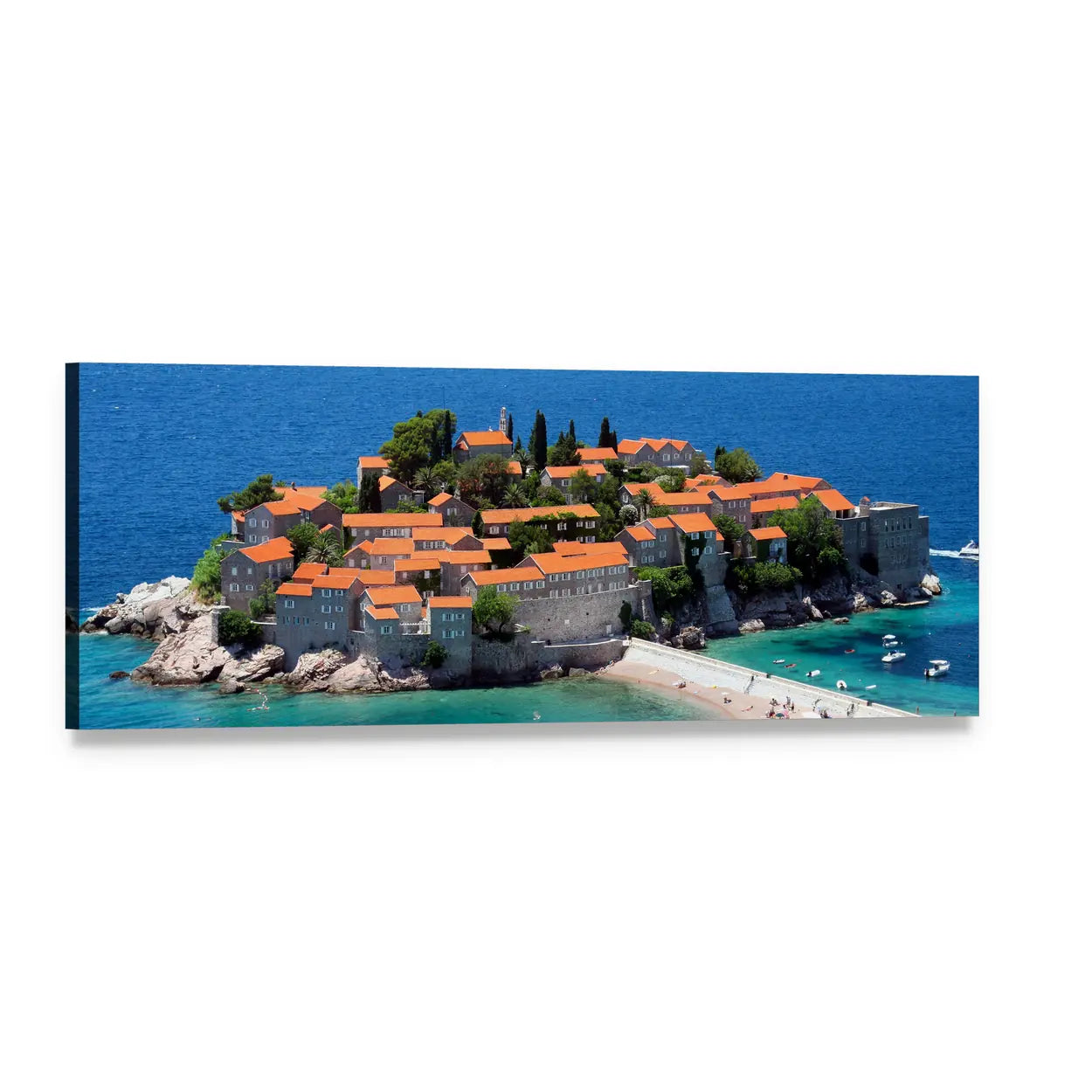 Sveti Stefan Island Daylight Aerial View Panoramic Canvas Wall Art, single panel gallery wrapped canvas, angled product view