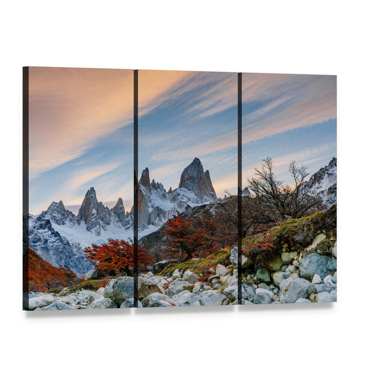 Mount Fitzroy at Sunset Canvas Wall Art, 3 panel 3 Horizontal layout gallery wrapped canvas set, angled product view