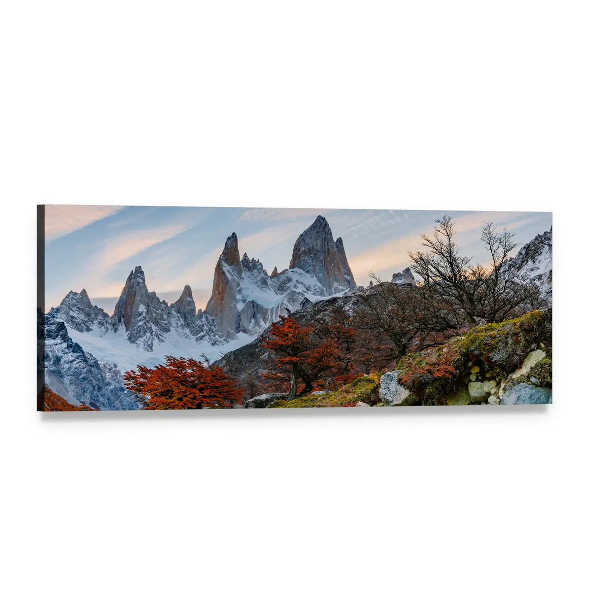 Mount Fitzroy at Sunset Panoramic Canvas Wall Art, single panel gallery wrapped canvas, angled product view