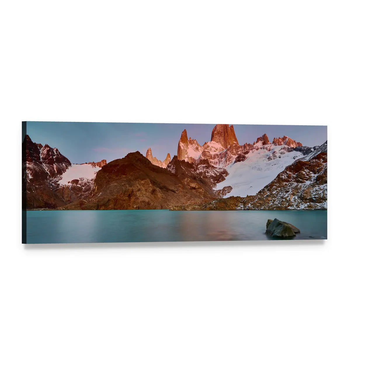 Mount Fitzroy at Sunrise Panoramic Canvas Wall Art, single panel gallery wrapped canvas, angled product view