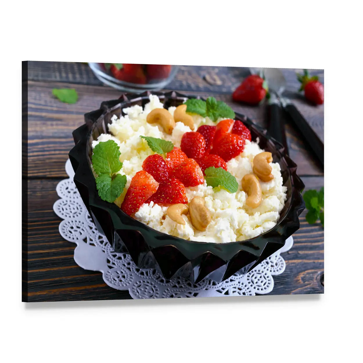 Cottage Cheese with Strawberries and Cashews Canvas Wall Art, single panel gallery wrapped canvas, angled product view
