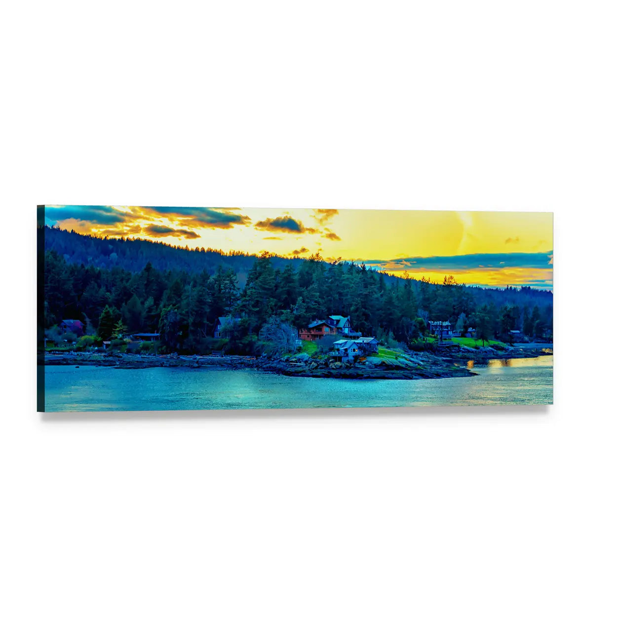 Sunset Coastal Bay with Seaside Houses Panoramic Canvas Wall Art, single panel gallery wrapped canvas, angled product view