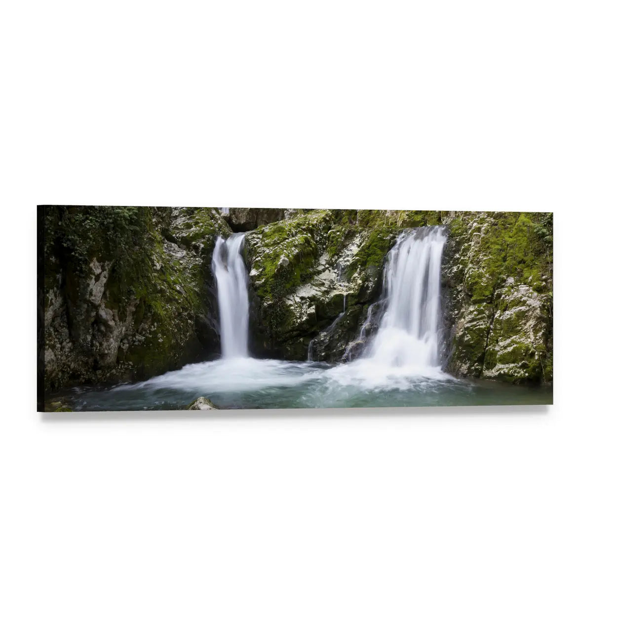 Twin Waterfalls Over Mossy Cliffs Panoramic Canvas Wall Art, single panel gallery wrapped canvas, angled product view