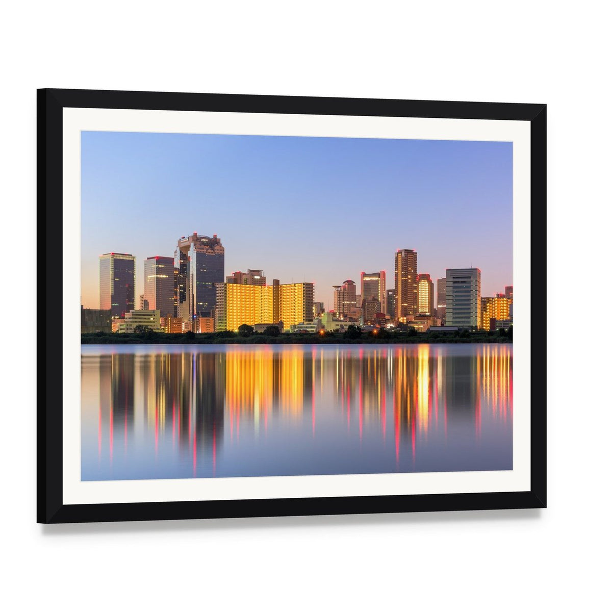 City Skyline at Dusk with Water Reflection Canvas Wall Art, framed print with white mat and black frame, angled product view