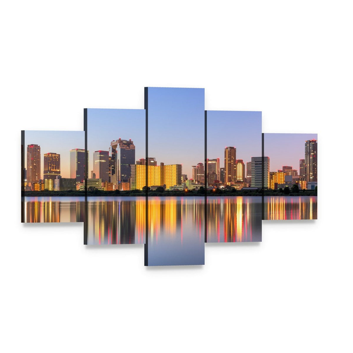 City Skyline at Dusk with Water Reflection Canvas Wall Art, 5 panel 5 Star layout gallery wrapped canvas set, angled product view