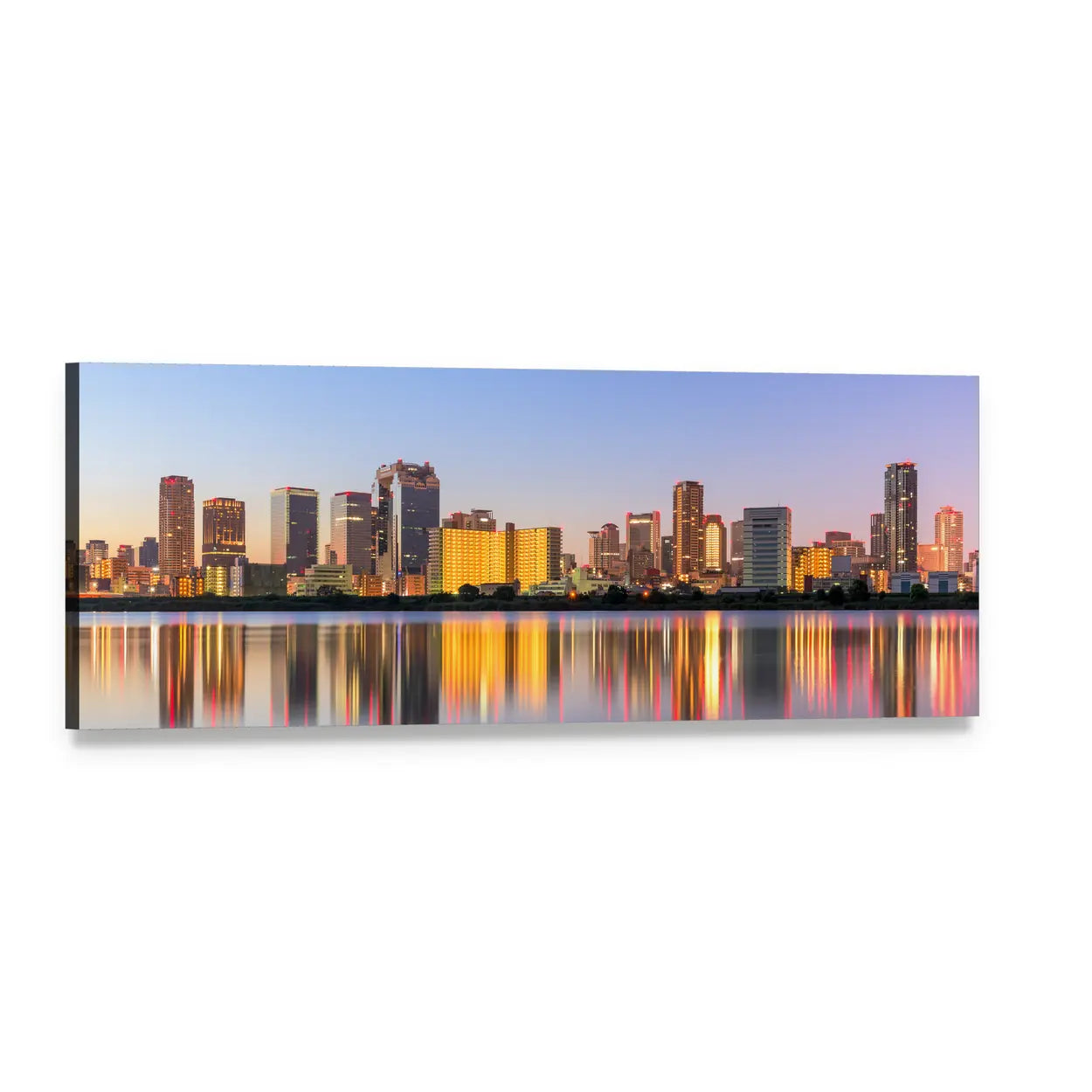 Umeda District Skyline at Dusk Panoramic Canvas Wall Art, single panel gallery wrapped canvas, angled product view