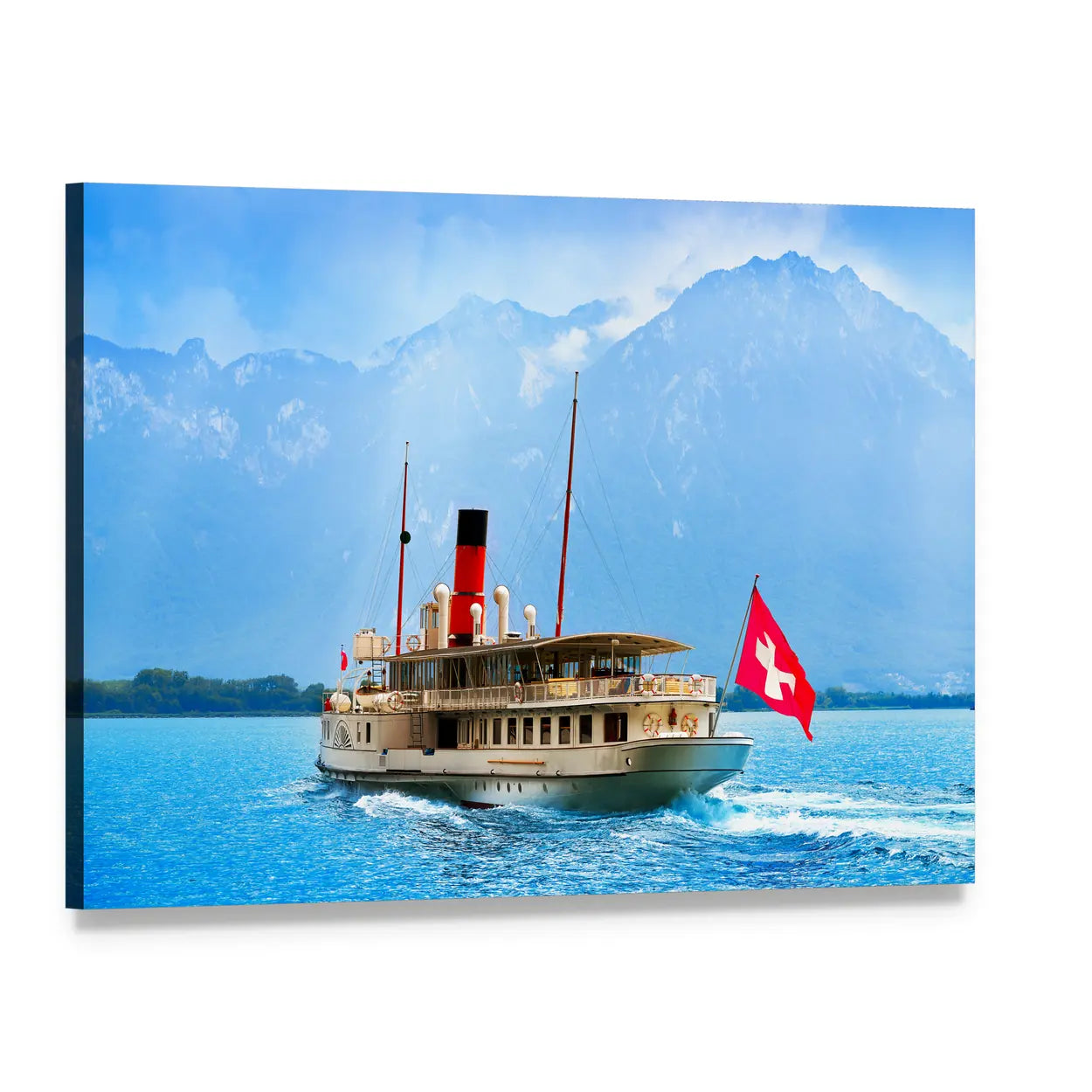 Paddle Steamer on Lake Geneva Canvas Wall Art, single panel gallery wrapped canvas, angled product view