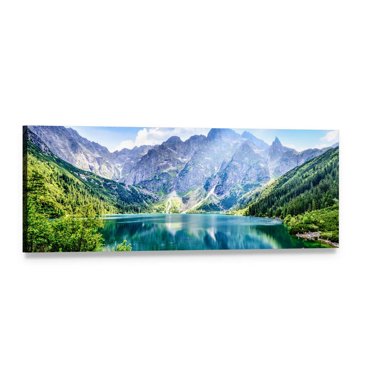 Alpine Lake with Jagged Mountain Peaks Panoramic Canvas Wall Art, single panel gallery wrapped canvas, angled product view