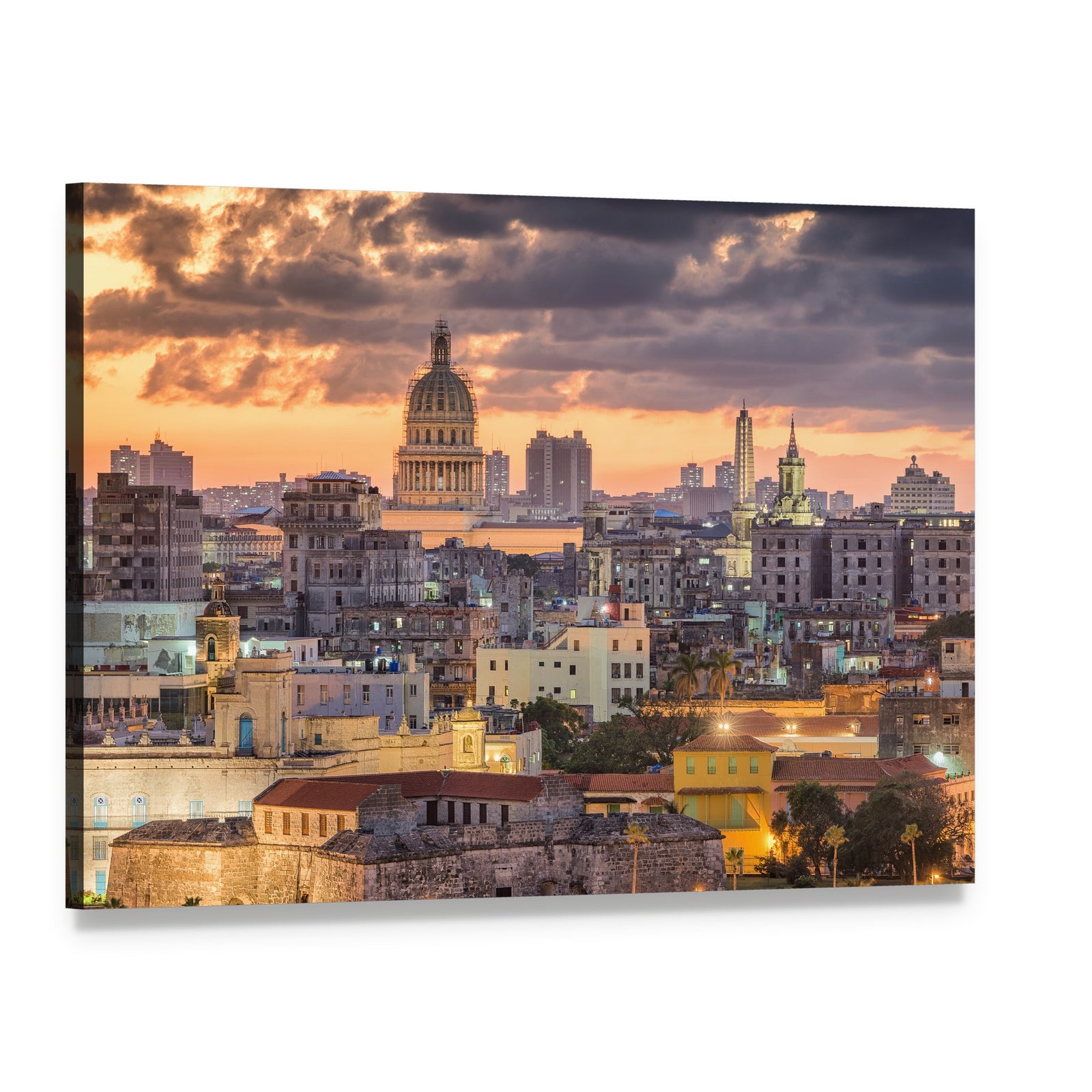 Havana Skyline at Sunset Canvas Wall Art, single panel gallery wrapped canvas, angled product view