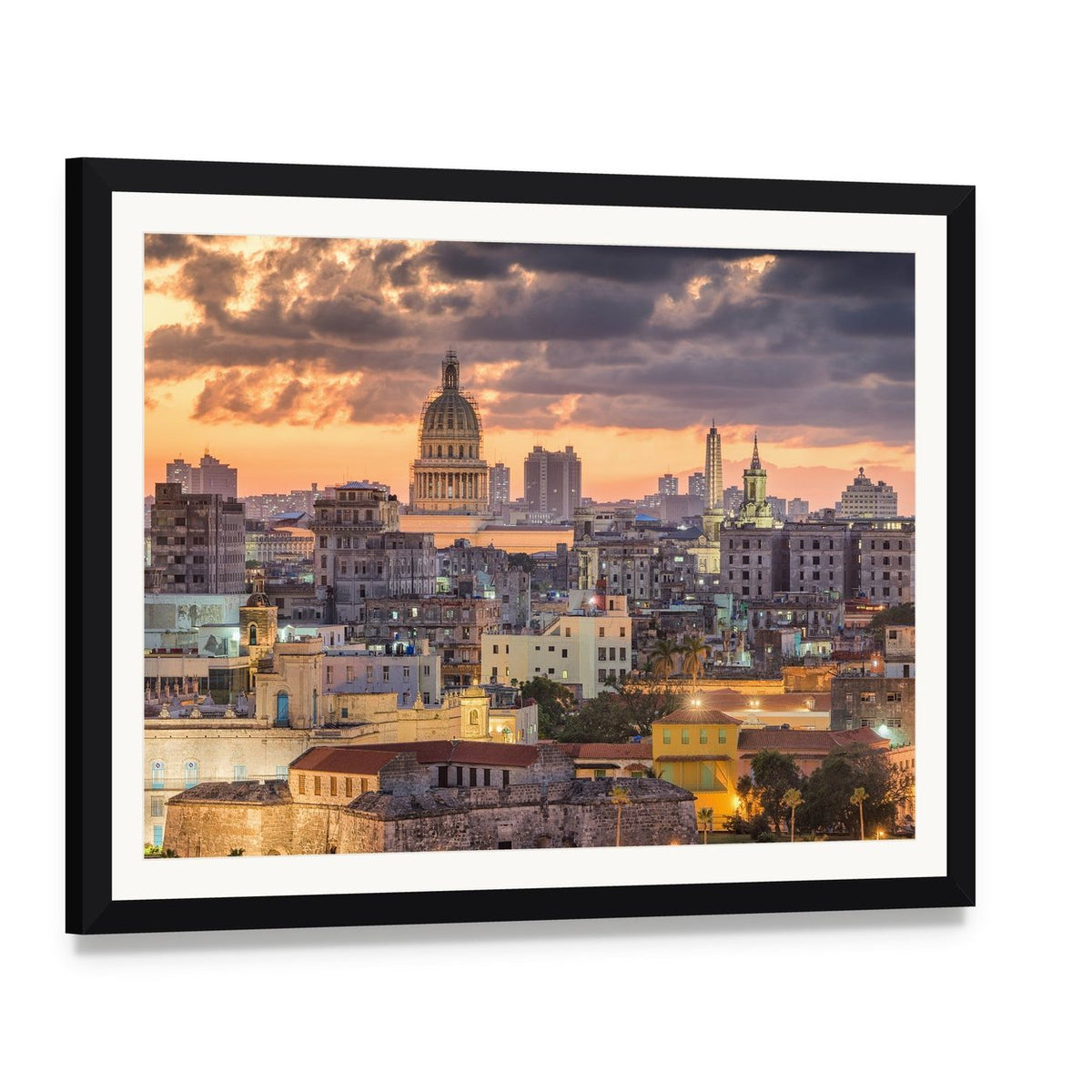 Havana Skyline at Sunset Canvas Wall Art, framed print with white mat and black frame, angled product view