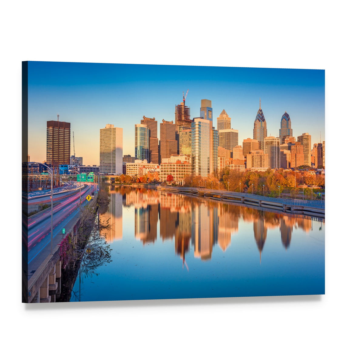 Downtown Skyline with River Reflection Canvas Wall Art, single panel gallery wrapped canvas, angled product view