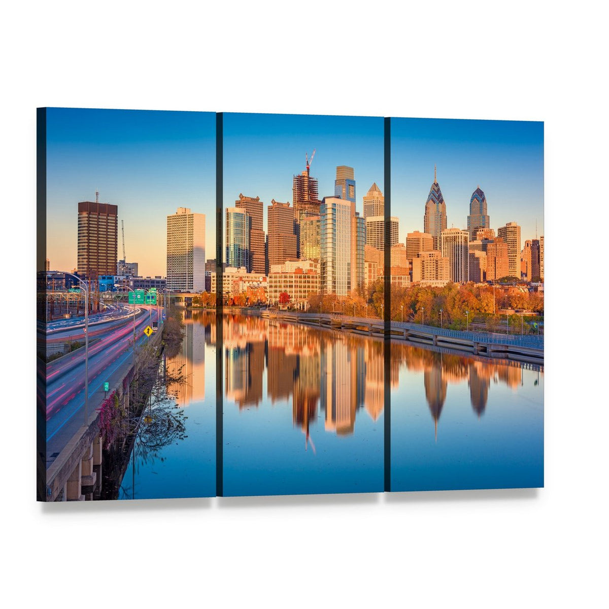 Downtown Skyline with River Reflection Canvas Wall Art, 3 panel 3 Horizontal layout gallery wrapped canvas set, angled product view