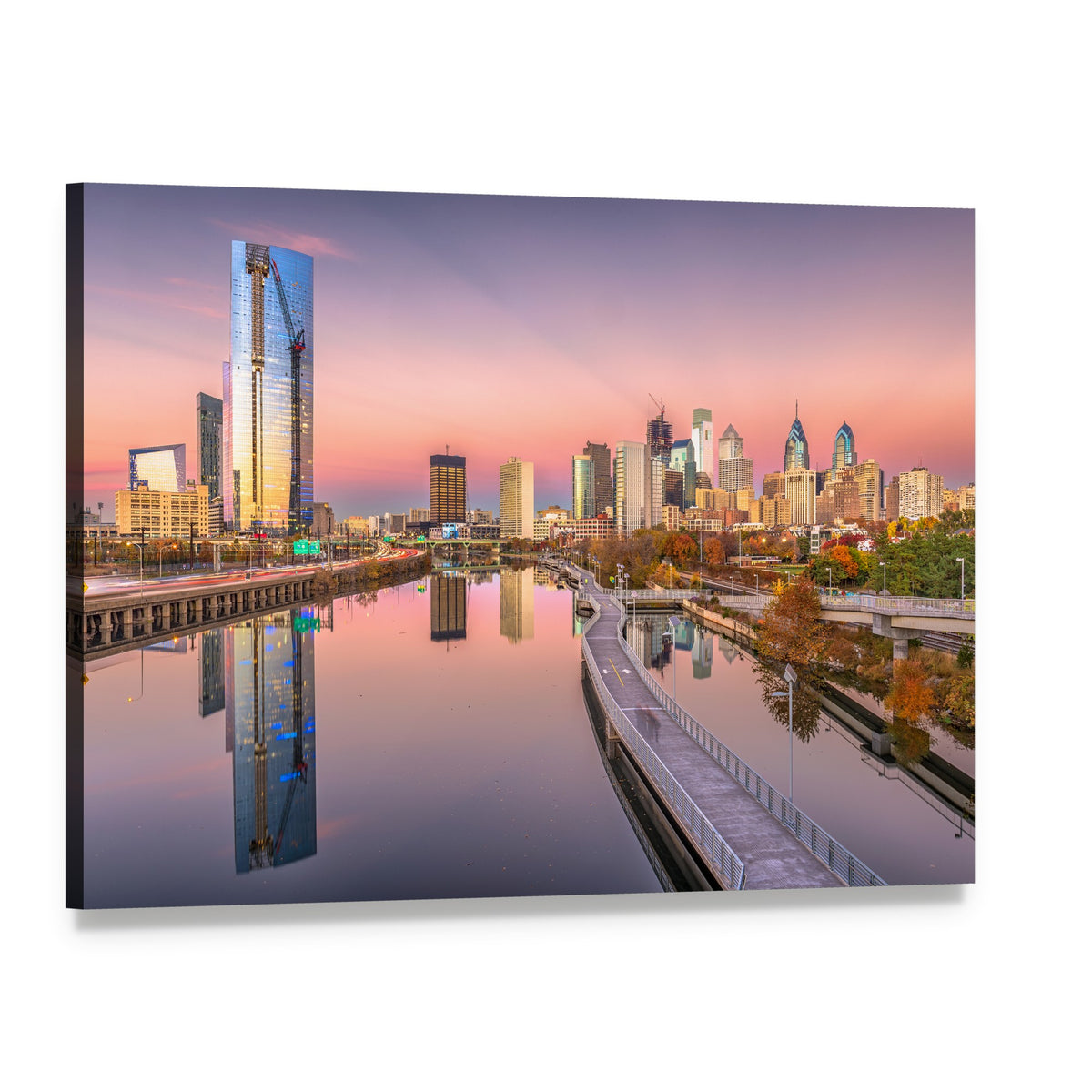 Downtown Skyline Over River at Sunset Canvas Wall Art, single panel gallery wrapped canvas, angled product view