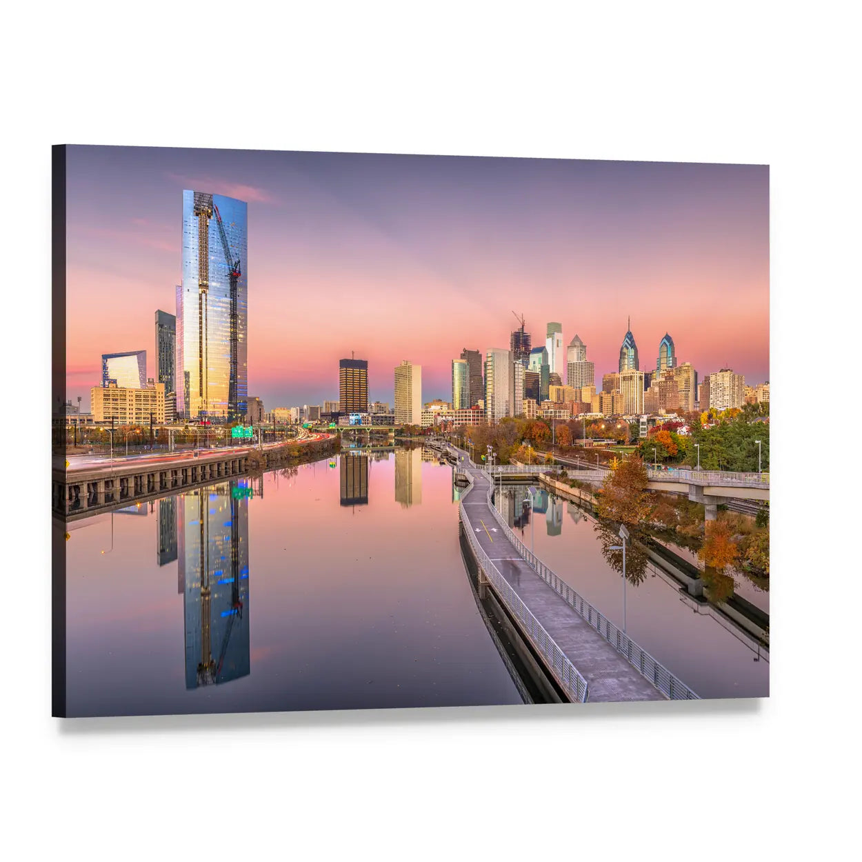 Sunset City Skyline with River Reflection Canvas Wall Art, single panel gallery wrapped canvas, angled product view