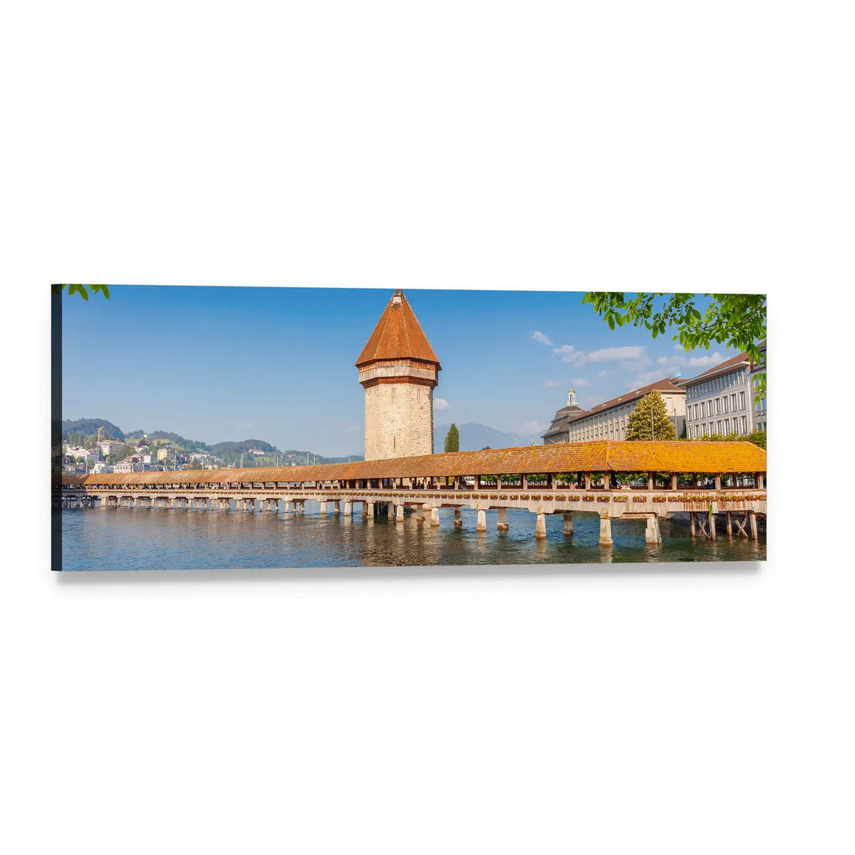 Chapel Bridge and Water Tower, Lucerne Panoramic Canvas Wall Art, single panel gallery wrapped canvas, angled product view