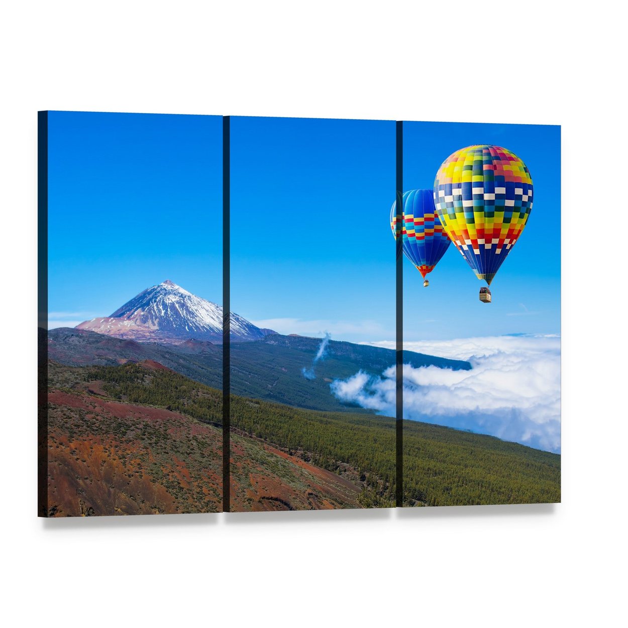 Hot Air Balloons Over Snow-capped Mountain Canvas Wall Art, 3 panel 3 Horizontal layout gallery wrapped canvas set, angled product view